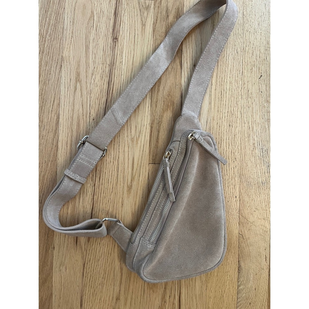 Suede Sling Bag Taupe Leather Crossbody Belt Bag RN 75343